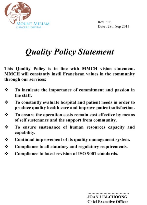 Quality Policy Statement - Mount Miriam Cancer Hospital