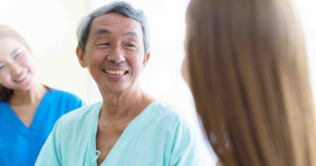 asian woman doctor encouragement and supportive to cansor patien
